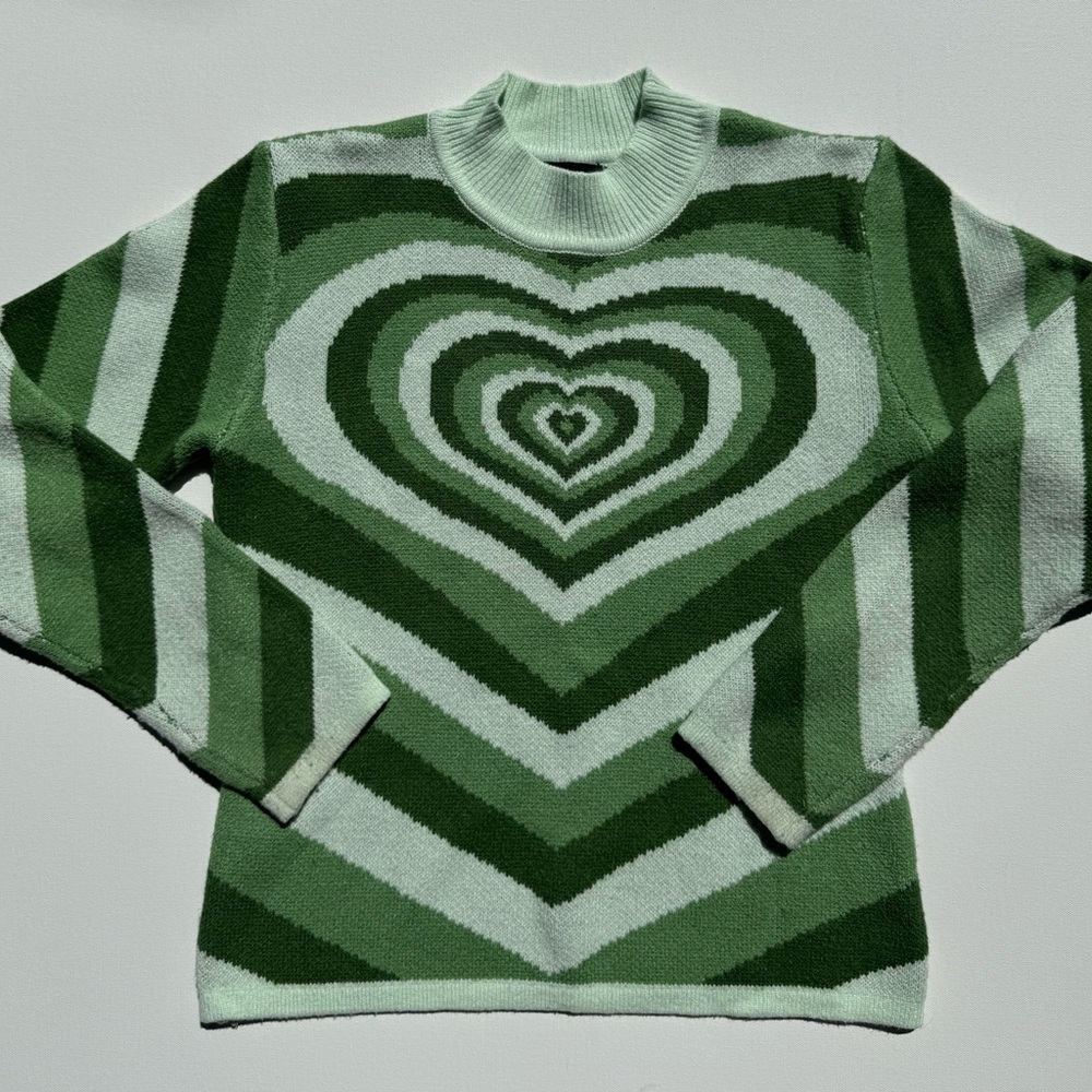 Cider Green Heart Motif Turtleneck Sweater